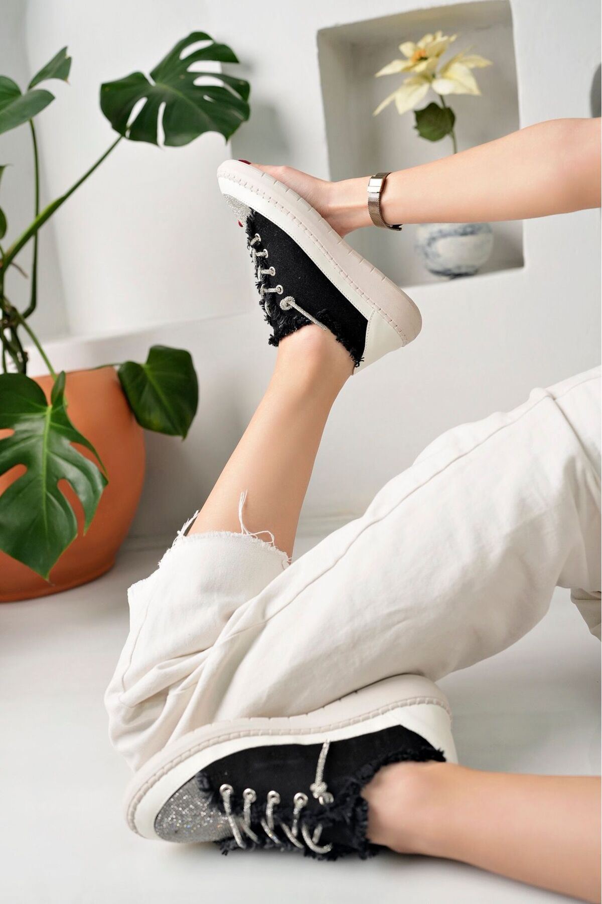 NEVA Taşlı Düz Taban Kadın Kot Sneakers