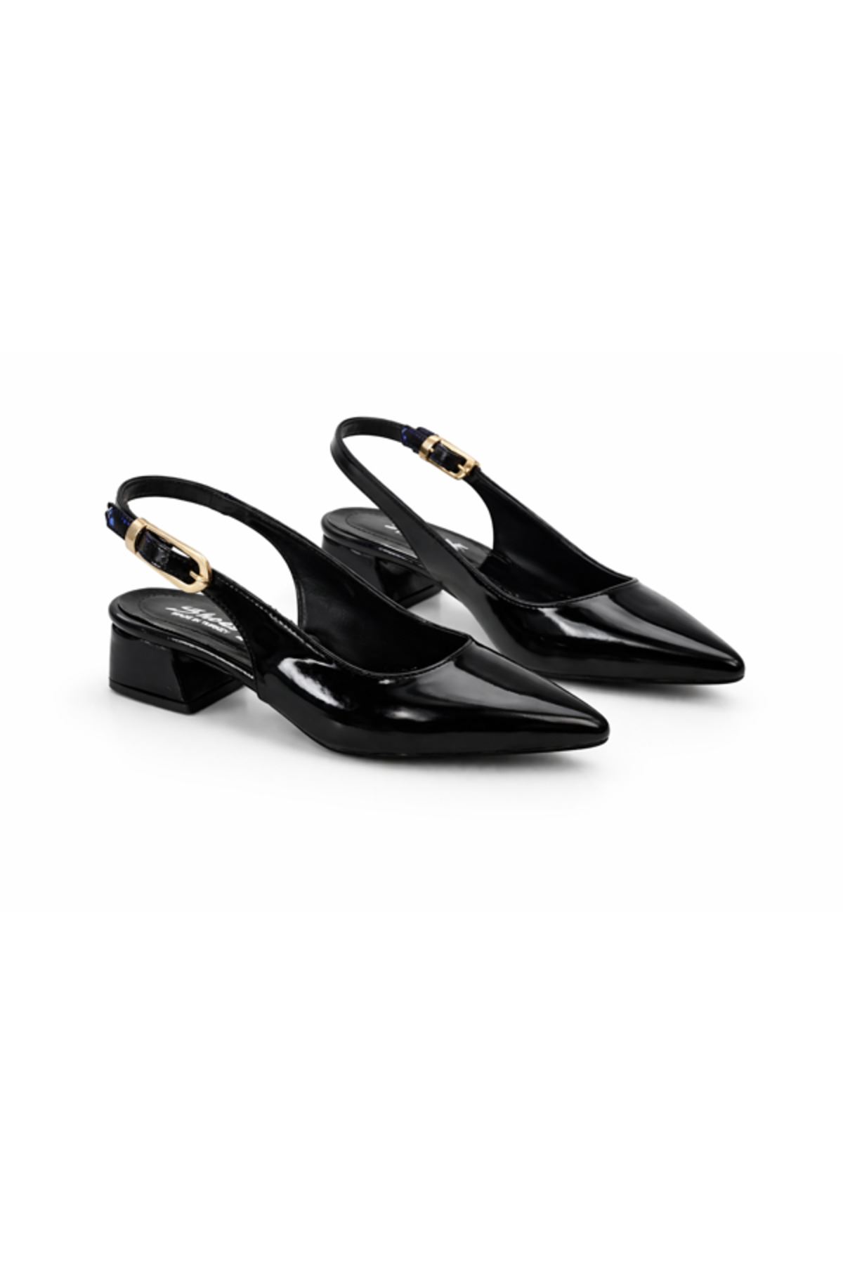 Kadın Rugan Sivri Burun Slingback Topuklu Ayakkabı Altın Tokalı Klasik Ofis Ayakkabısı