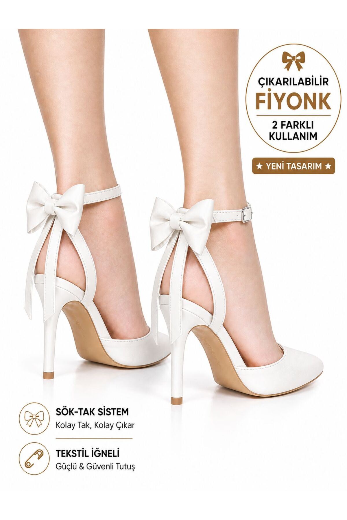Kadın Arkası Açık Fiyonklu Stiletto Çıkarılabilir Fiyonk Detaylı İnce Topuklu Abiye Ayakkabı