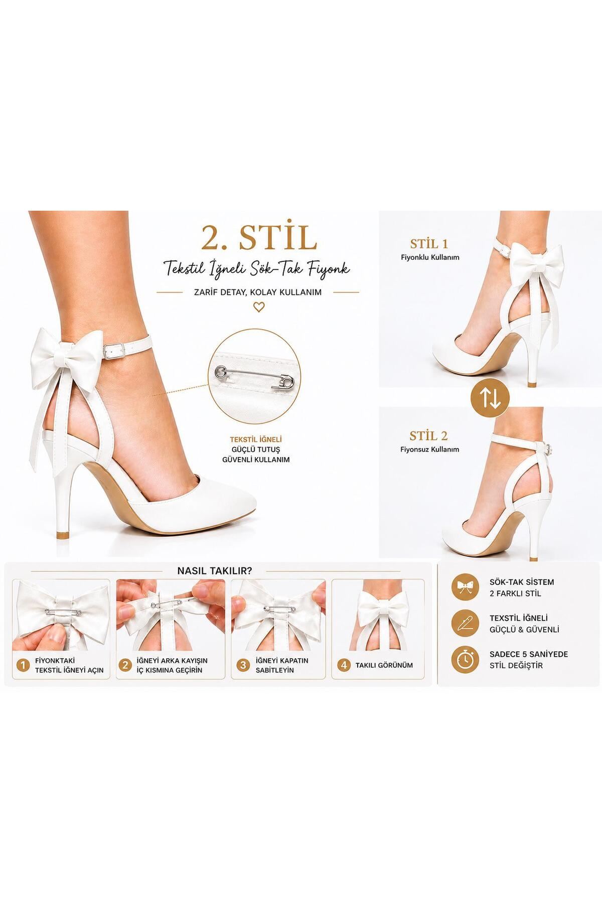 Kadın Arkası Açık Fiyonklu Stiletto Çıkarılabilir Fiyonk Detaylı İnce Topuklu Abiye Ayakkabı