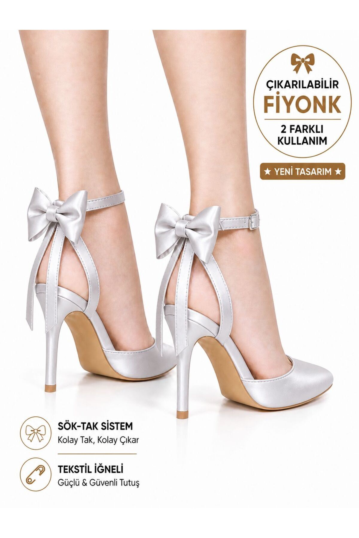 Kadın Arkası Açık Fiyonklu Stiletto Çıkarılabilir Fiyonk Detaylı İnce Topuklu Abiye Ayakkabı