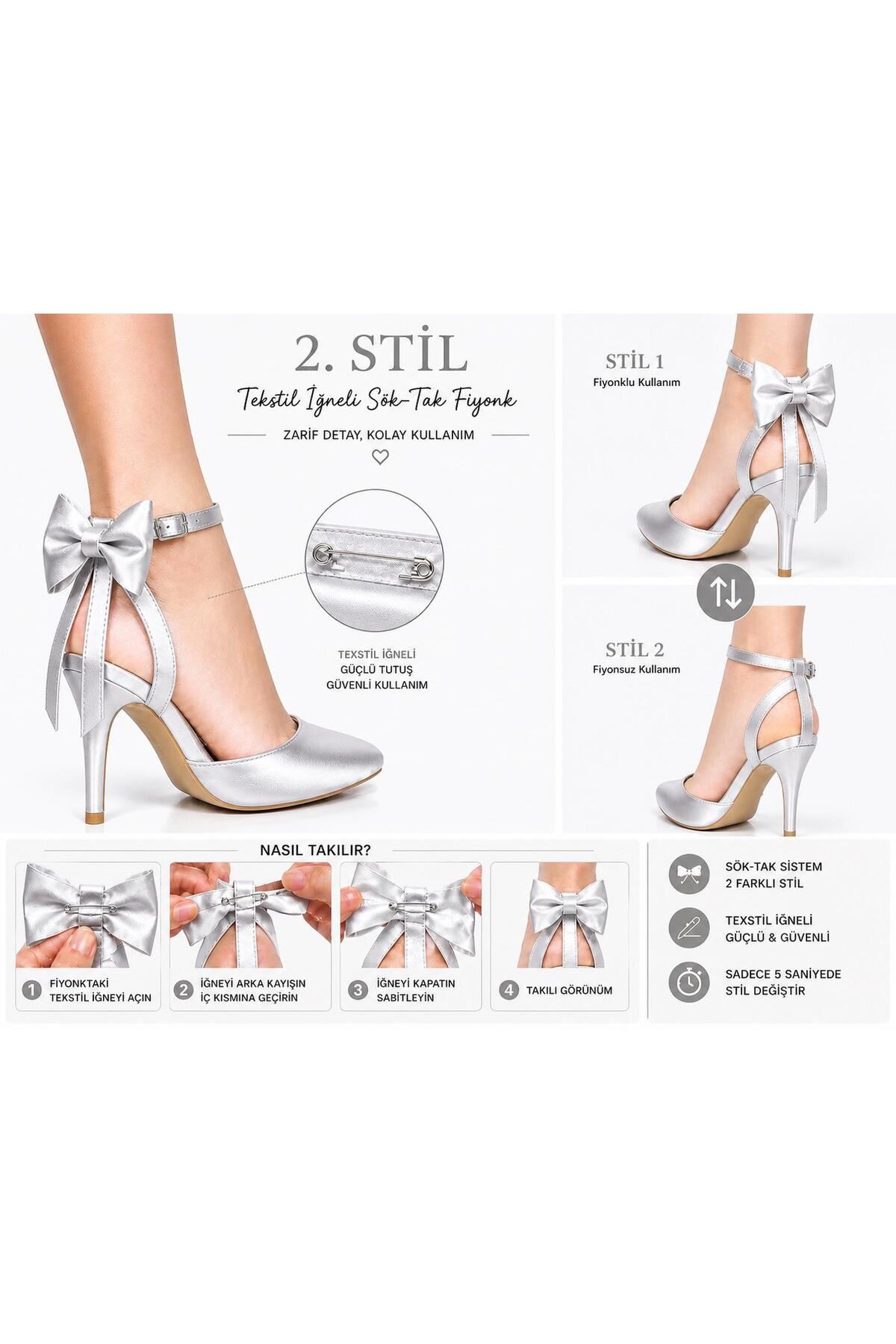 Kadın Arkası Açık Fiyonklu Stiletto Çıkarılabilir Fiyonk Detaylı İnce Topuklu Abiye Ayakkabı