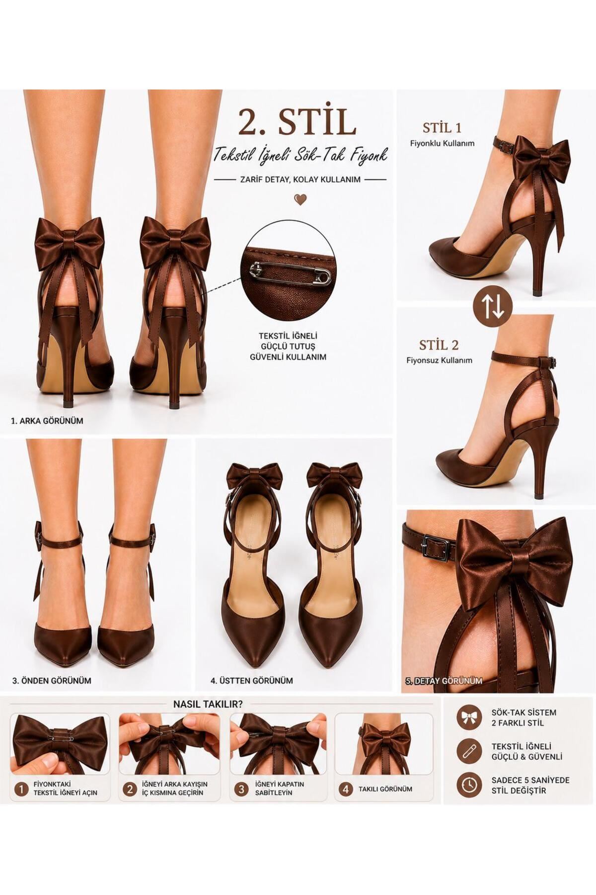 Kadın Arkası Açık Fiyonklu Stiletto Çıkarılabilir Fiyonk Detaylı İnce Topuklu Abiye Ayakkabı