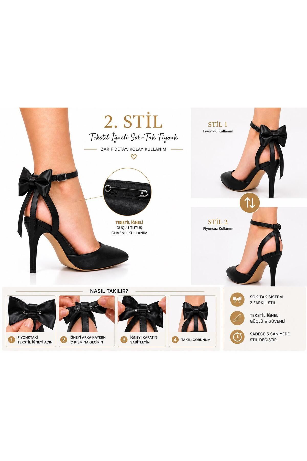 Kadın Arkası Açık Fiyonklu Stiletto Çıkarılabilir Fiyonk Detaylı İnce Topuklu Abiye Ayakkabı