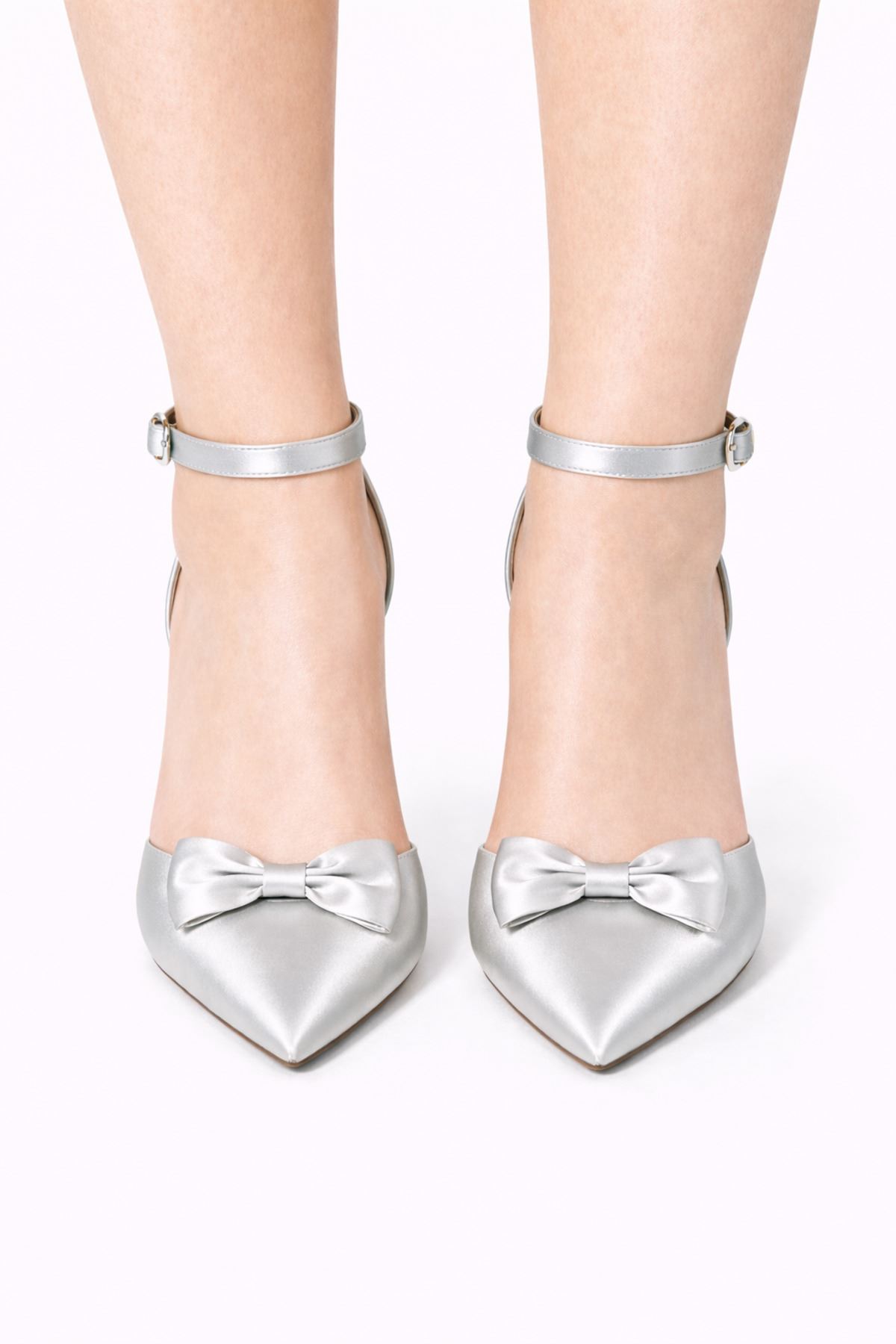 Kadın Saten Fiyonklu Bilekten Bağlamalı Stiletto Abiye Gelin Ayakkabısı 8 cm Topuk