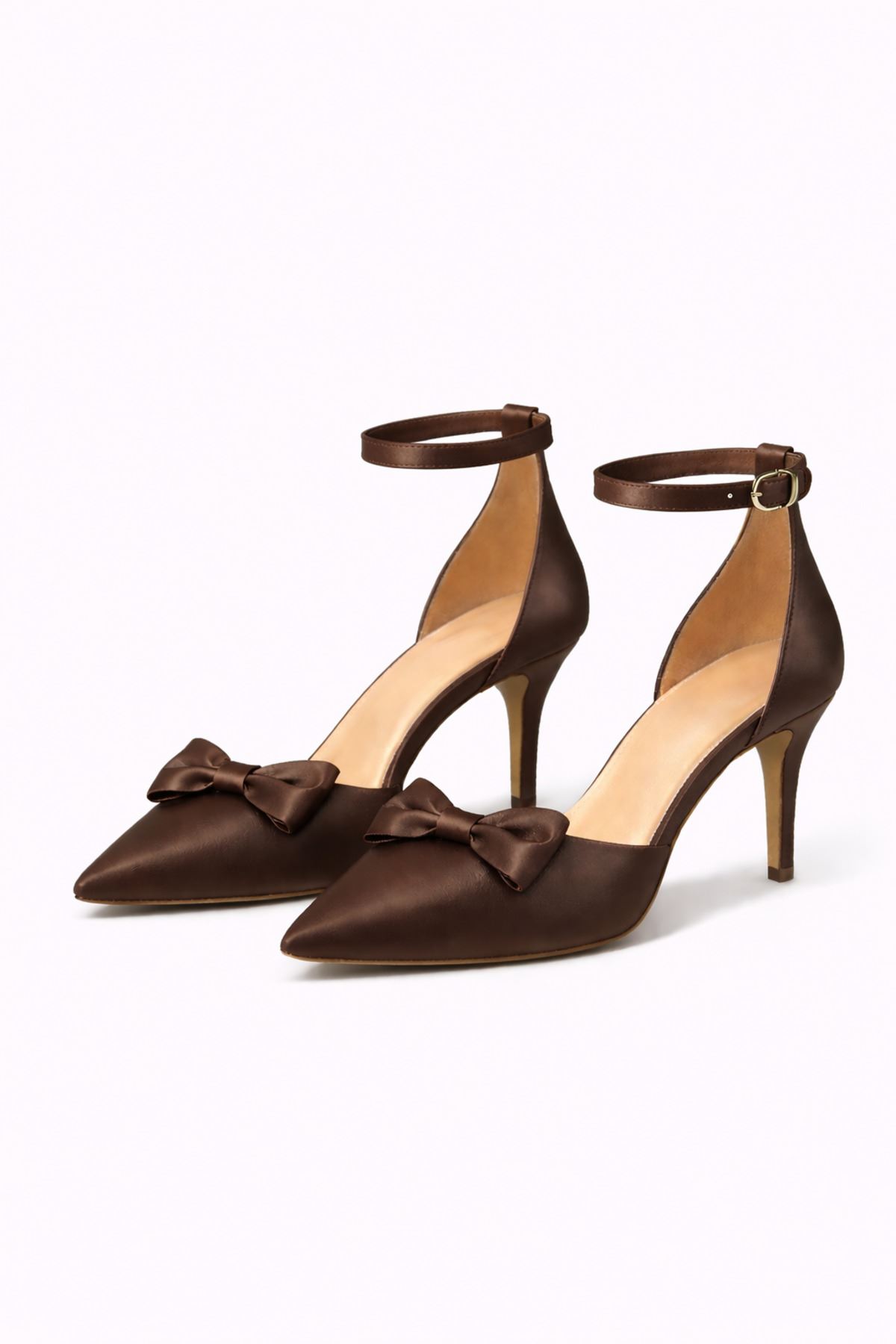 Kadın Saten Fiyonklu Bilekten Bağlamalı Stiletto Abiye Gelin Ayakkabısı 8 cm Topuk