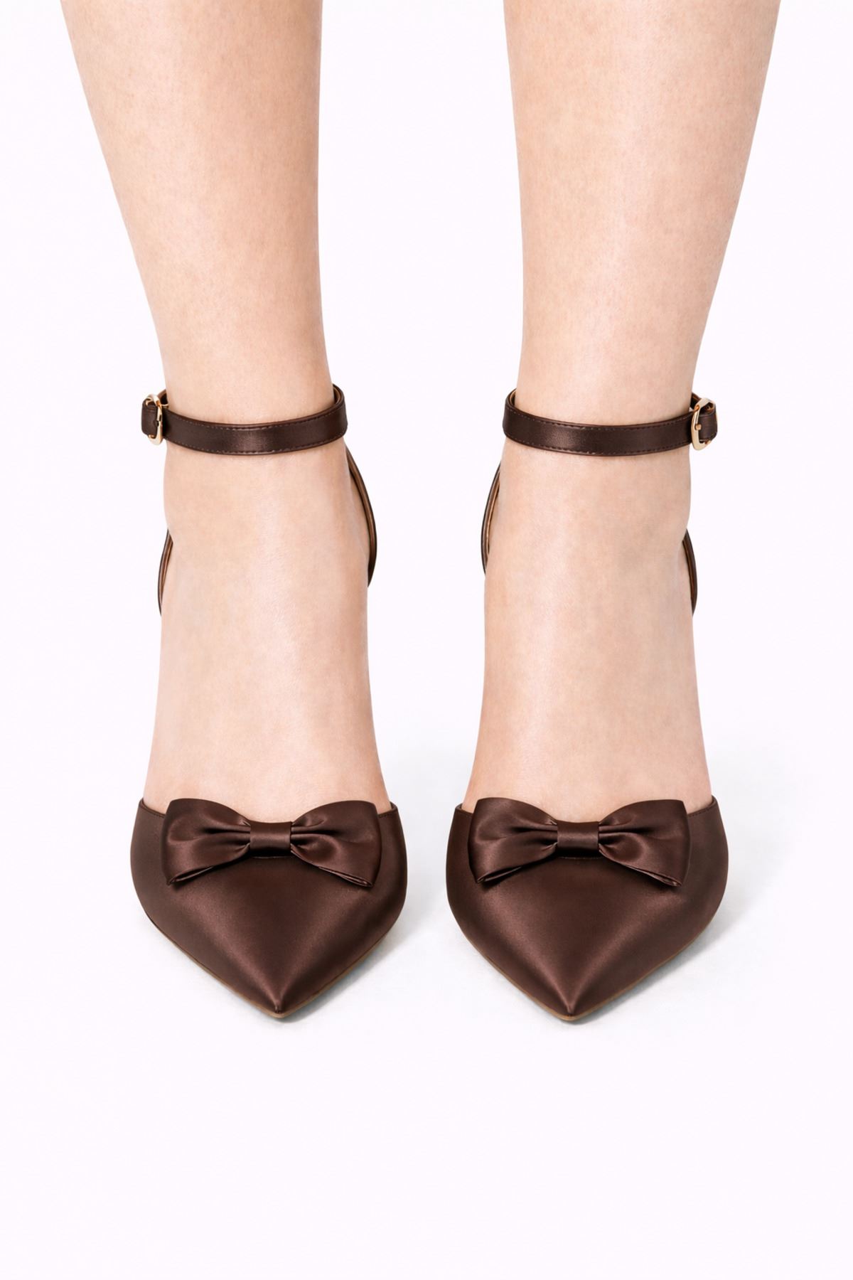 Kadın Saten Fiyonklu Bilekten Bağlamalı Stiletto Abiye Gelin Ayakkabısı 8 cm Topuk