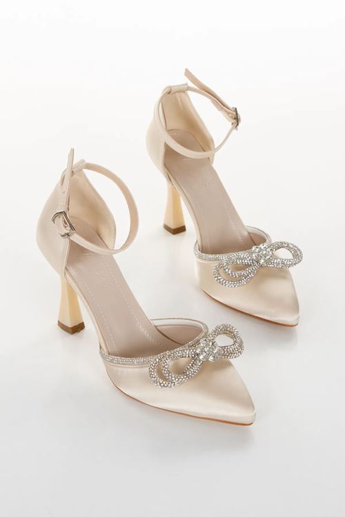 Stiletto Saten Kadın Taşlı Şık Abiye Topuklu Ayakkabı