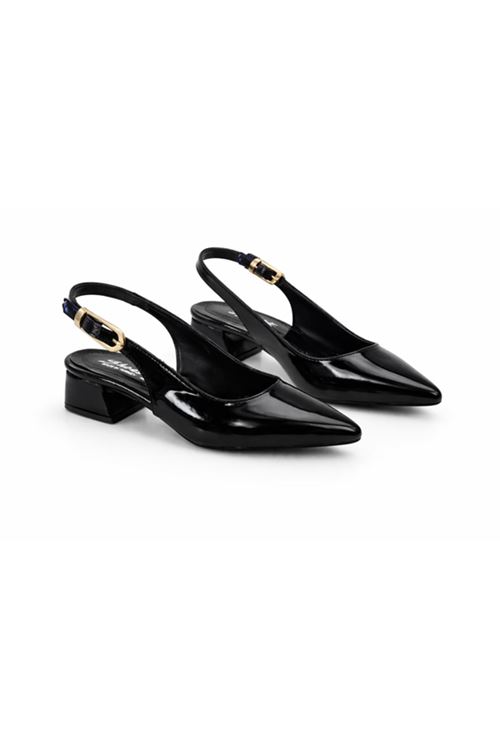 Kadın Rugan Sivri Burun Slingback Topuklu Ayakkabı Altın Tokalı Klasik Ofis Ayakkabısı