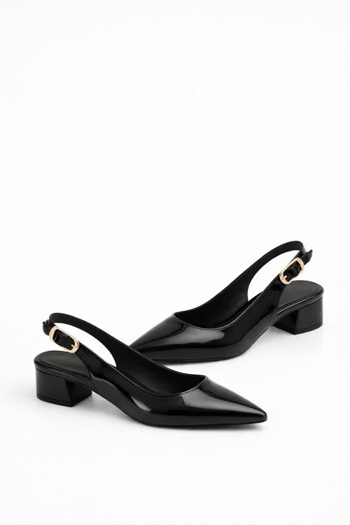 Kadın Rugan Sivri Burun Slingback Topuklu Ayakkabı Altın Tokalı Klasik Ofis Ayakkabısı
