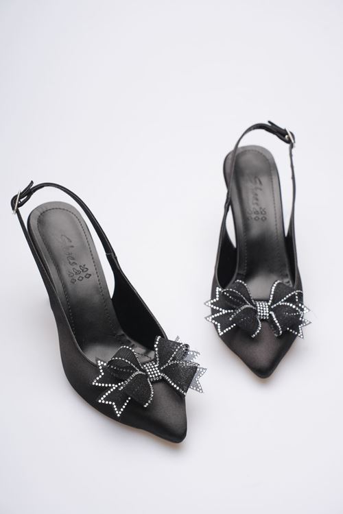 Kadın Siyah Taşlı Fiyonk Detaylı Sivri Burun Stiletto