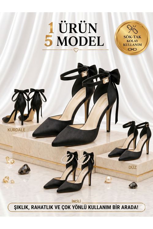 Kadın Çok Amaçlı Stiletto Topuklu Ayakkabı Sök Tak Papyon Kurdela İncili 5 Model 8 cm Sivri Burun