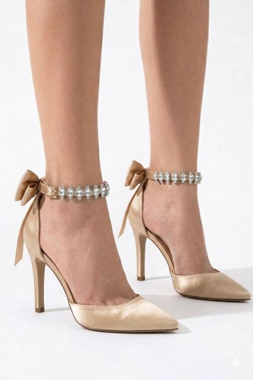 Kadın Stiletto Taşlı Bilekli Fiyonklu Topuklu Ayakkabı 8 cm