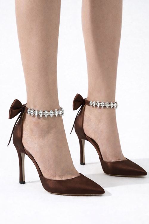 Kadın Stiletto Taşlı Bilekli Fiyonklu Topuklu Ayakkabı 8 cm