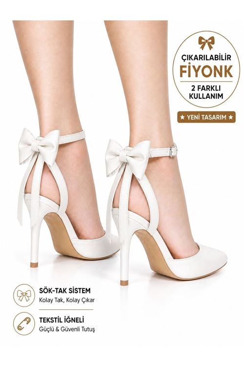 Kadın Arkası Açık Fiyonklu Stiletto Çıkarılabilir Fiyonk Detaylı İnce Topuklu Abiye Ayakkabı