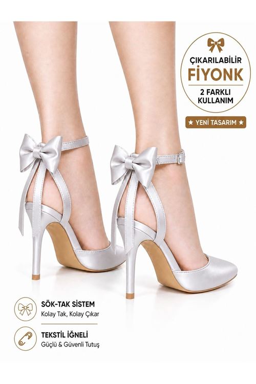 Kadın Arkası Açık Fiyonklu Stiletto Çıkarılabilir Fiyonk Detaylı İnce Topuklu Abiye Ayakkabı
