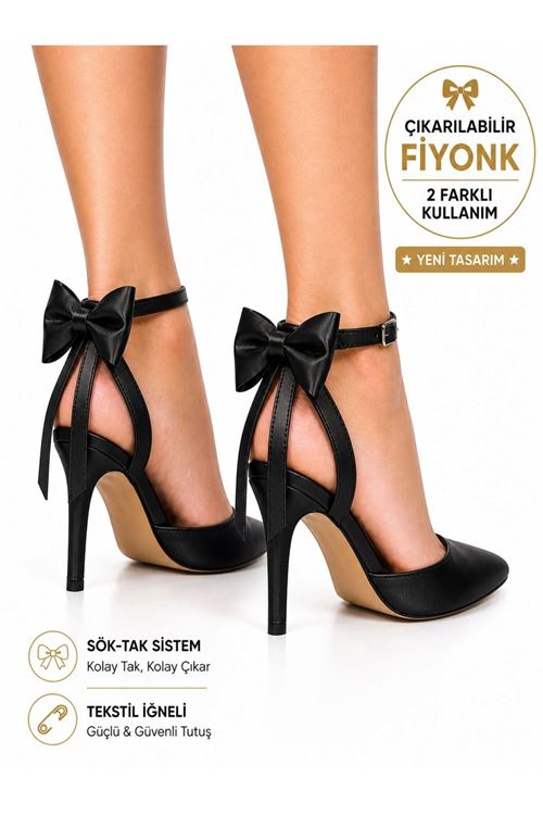 Kadın Arkası Açık Fiyonklu Stiletto Çıkarılabilir Fiyonk Detaylı İnce Topuklu Abiye Ayakkabı