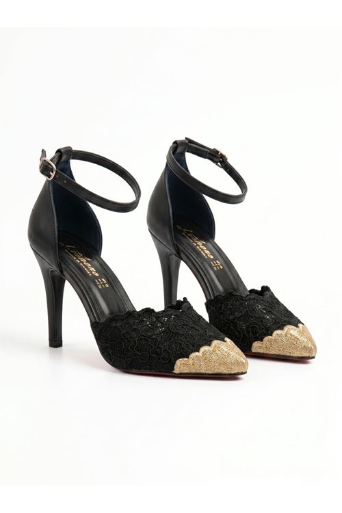Kadın Dantel Detaylı Altın Burunlu Stiletto Bilekten Bantlı Abiye Ayakkabı Gelin Ayakkabı