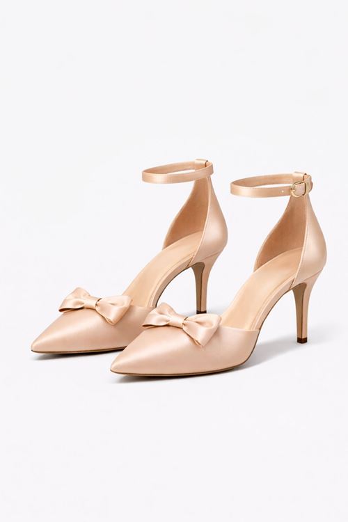 Kadın Saten Fiyonklu Bilekten Bağlamalı Stiletto Abiye Gelin Ayakkabısı 8 cm Topuk