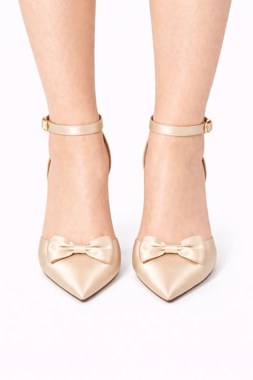 Kadın Saten Fiyonklu Bilekten Bağlamalı Stiletto Abiye Gelin Ayakkabısı 8 cm Topuk