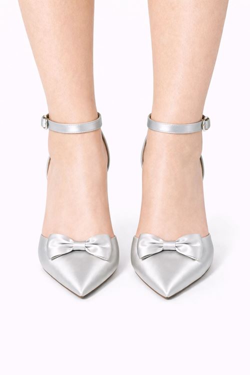 Kadın Saten Fiyonklu Bilekten Bağlamalı Stiletto Abiye Gelin Ayakkabısı 8 cm Topuk