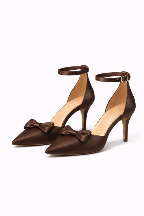 Kadın Saten Fiyonklu Bilekten Bağlamalı Stiletto Abiye Gelin Ayakkabısı 8 cm Topuk