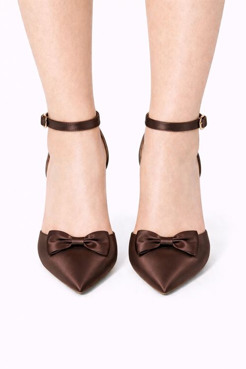 Kadın Saten Fiyonklu Bilekten Bağlamalı Stiletto Abiye Gelin Ayakkabısı 8 cm Topuk