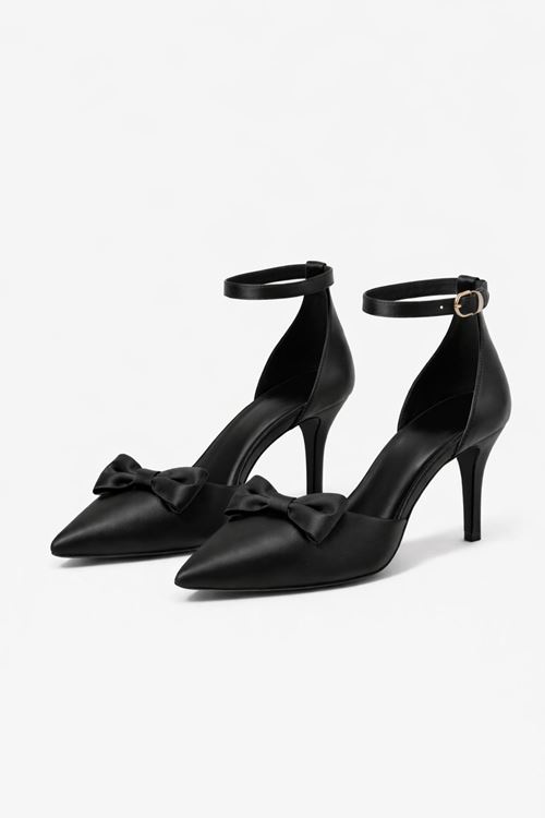 Kadın Saten Fiyonklu Bilekten Bağlamalı Stiletto Abiye Gelin Ayakkabısı 8 cm Topuk