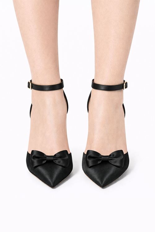 Kadın Saten Fiyonklu Bilekten Bağlamalı Stiletto Abiye Gelin Ayakkabısı 8 cm Topuk