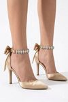 Kadın Stiletto Taşlı Bilekli Fiyonklu Topuklu Ayakkabı 8 cm