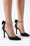 Kadın Stiletto Taşlı Bilekli Fiyonklu Topuklu Ayakkabı 8 cm